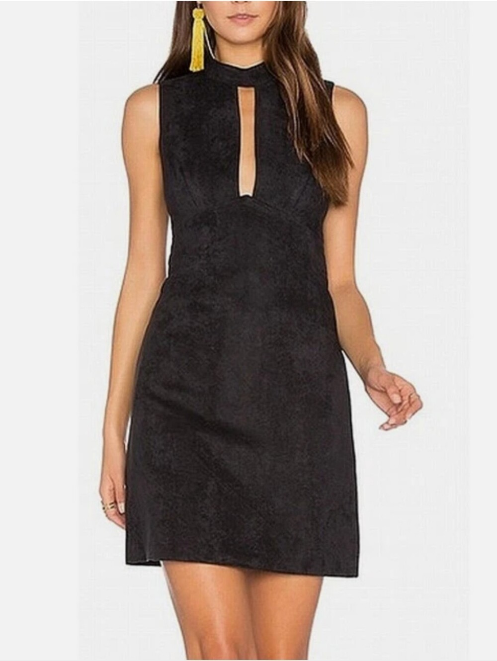 BCBGeneration black faux suede mini dress features a distinct choker neck design